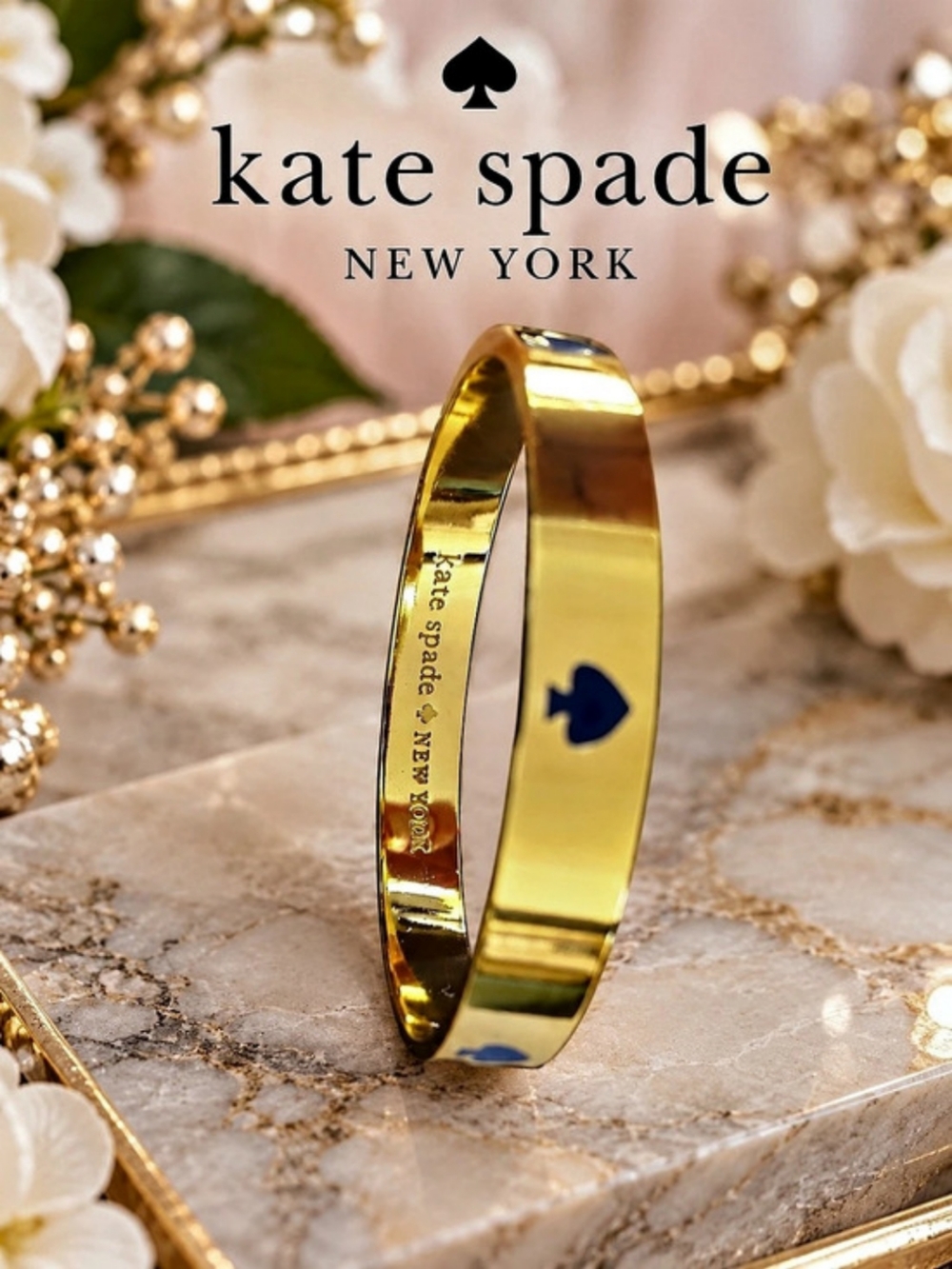 Kate Spade New York Gold Tone Blue Spade Bangle Bracelet + Dust Bag